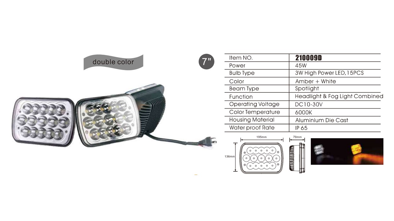 FAROL RECTANGULAR   7"  15LED   10-30V  BLANCO/ AMBAR